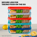 Stack of food storage containers with colorful lids, filled with food, on a light background.