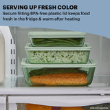 Serving up Fresh Color secure fitting BPA free plastic lids keep food fresh in the fridge & warm after heating