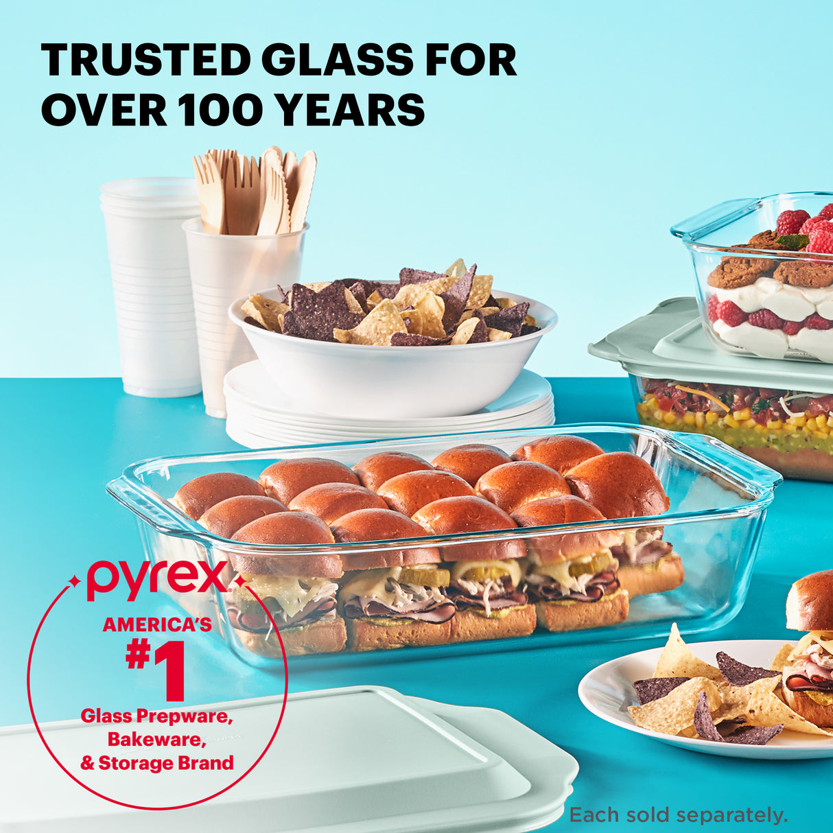 Pyrex glassware with food on a blue background, featuring text about the brand's history.