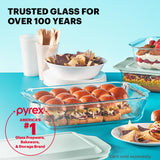 Pyrex glassware with food on a blue background, featuring text about the brand's history.