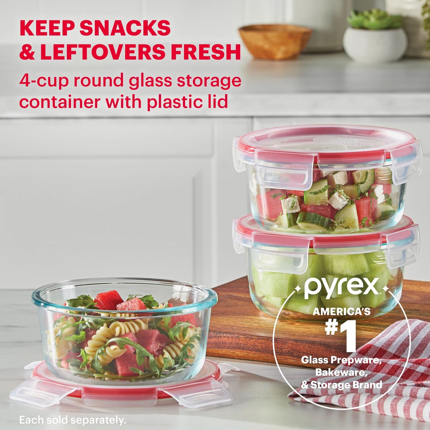  Freshlock 4-cup Round Glass Storage (displays three 4cup containers) with text keeps snacks & leftovers fresh