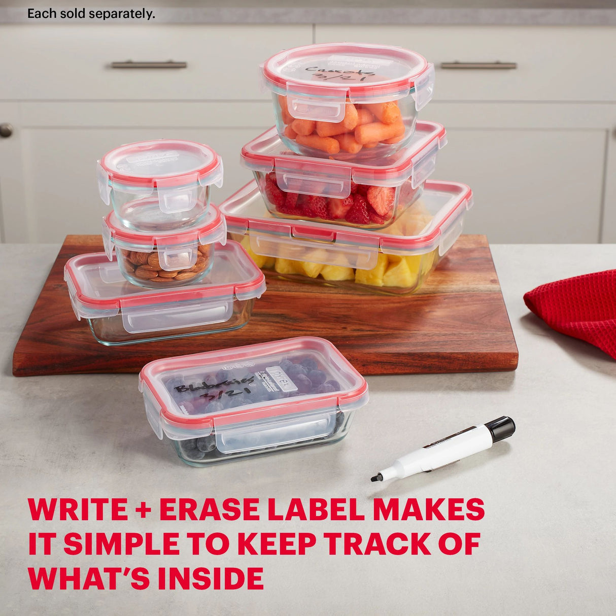  Freshlock 4-cup Glass Storage displayed with various sized containers, text write &amp; erase label makes it simple to keep track