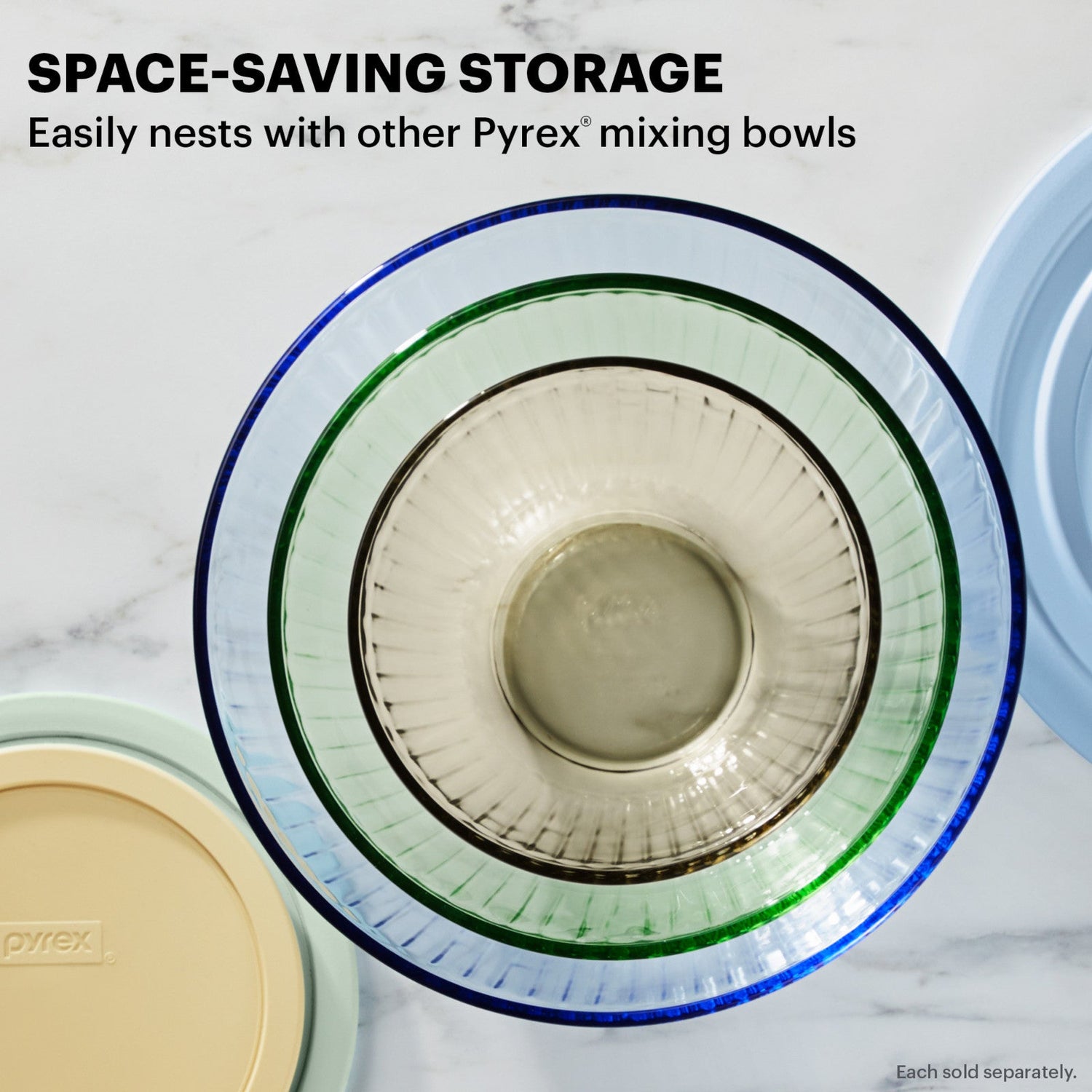 Pyrex Colors mixing bowls with text space saving storage