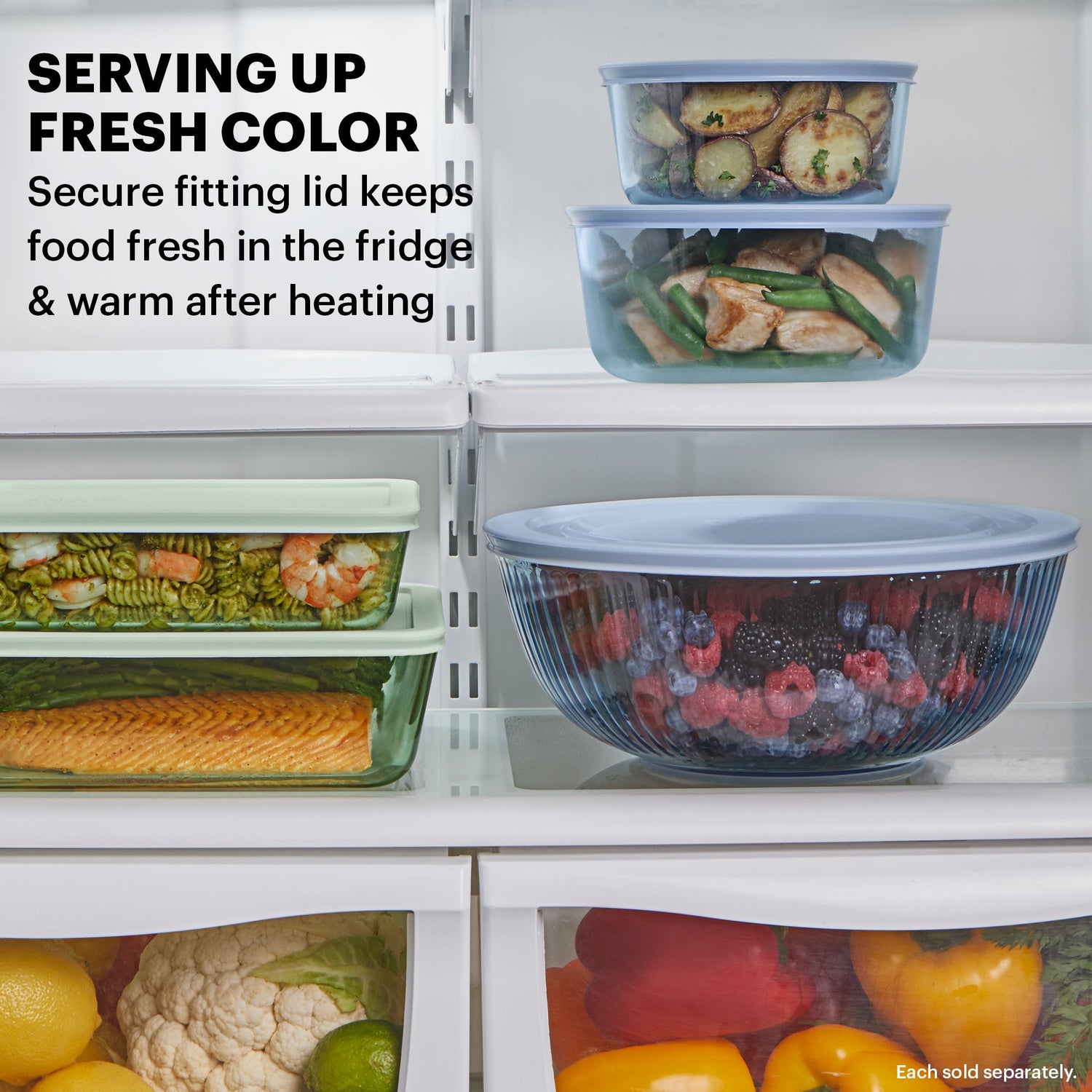 Sculpted Tinted Blue 4.5-qt Mixing Bowl  with text serving up fresh color secure fitting lids keep food fresh