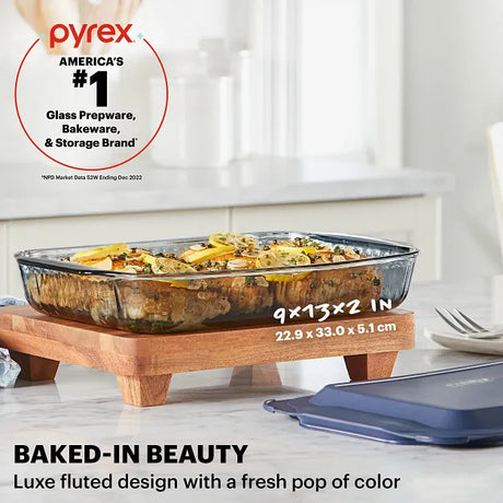  Colors Sculpted Tinted Dreams 9" x 13"Baking Dish with Plastic Cover, Smoke with text Baked-In Beauty