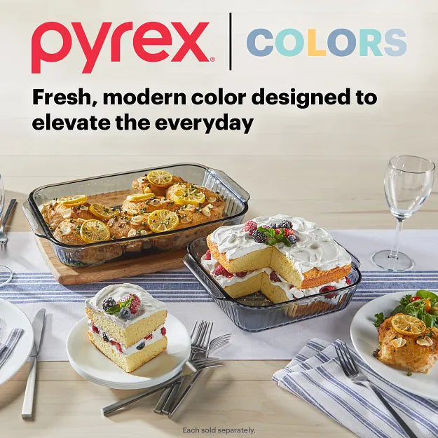 Colors Sculpted Tinted Dreams 9" x 13"Baking Dish with Plastic Cover, Smoke with text Fresh, modern color