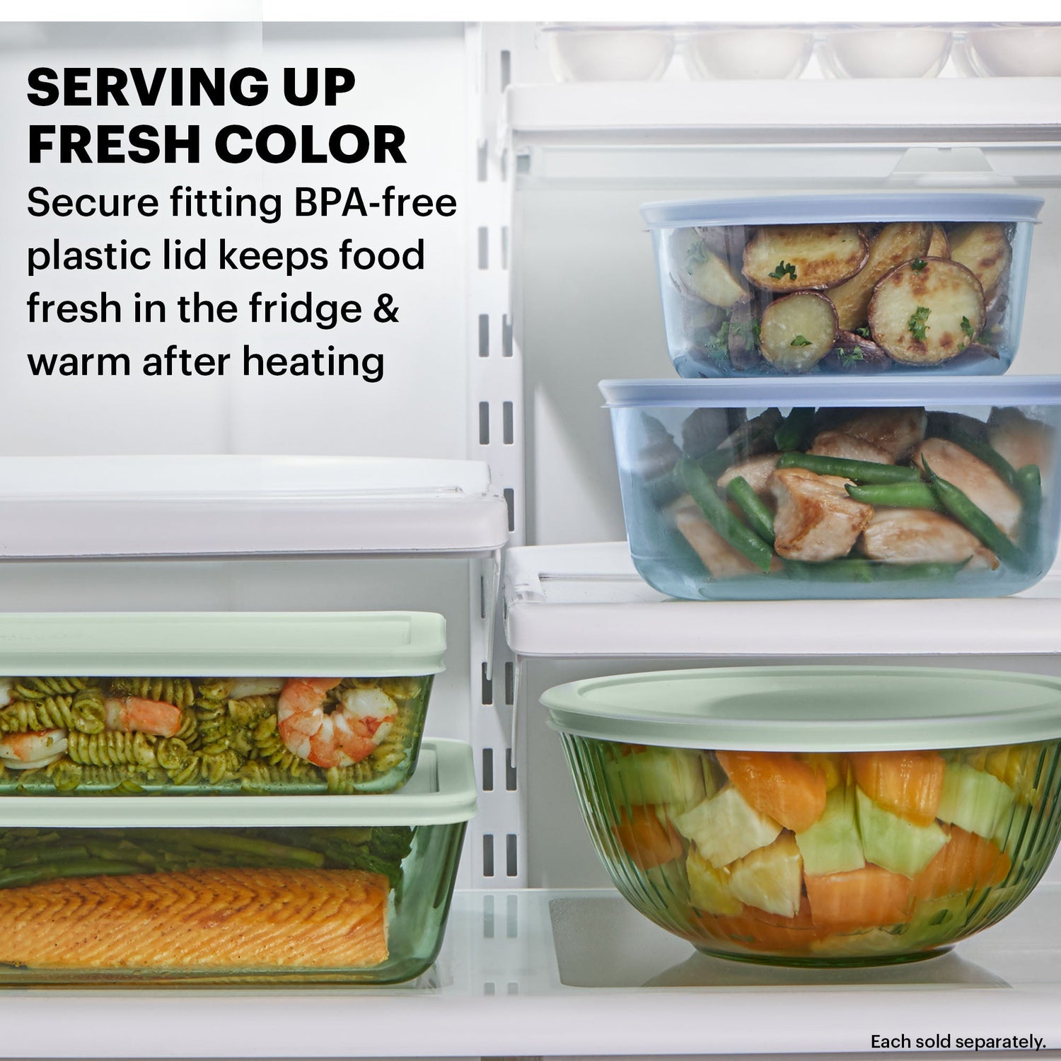 Simply Store Pyrex Colors set in fridge with text serving up fresh color, secure fitting BPA-free plastic lid keeps food fresh in the fridge & warm after heating
