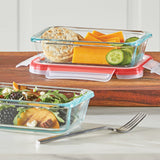 Freshlock 2-cup rectangle glass set on counter with food inside