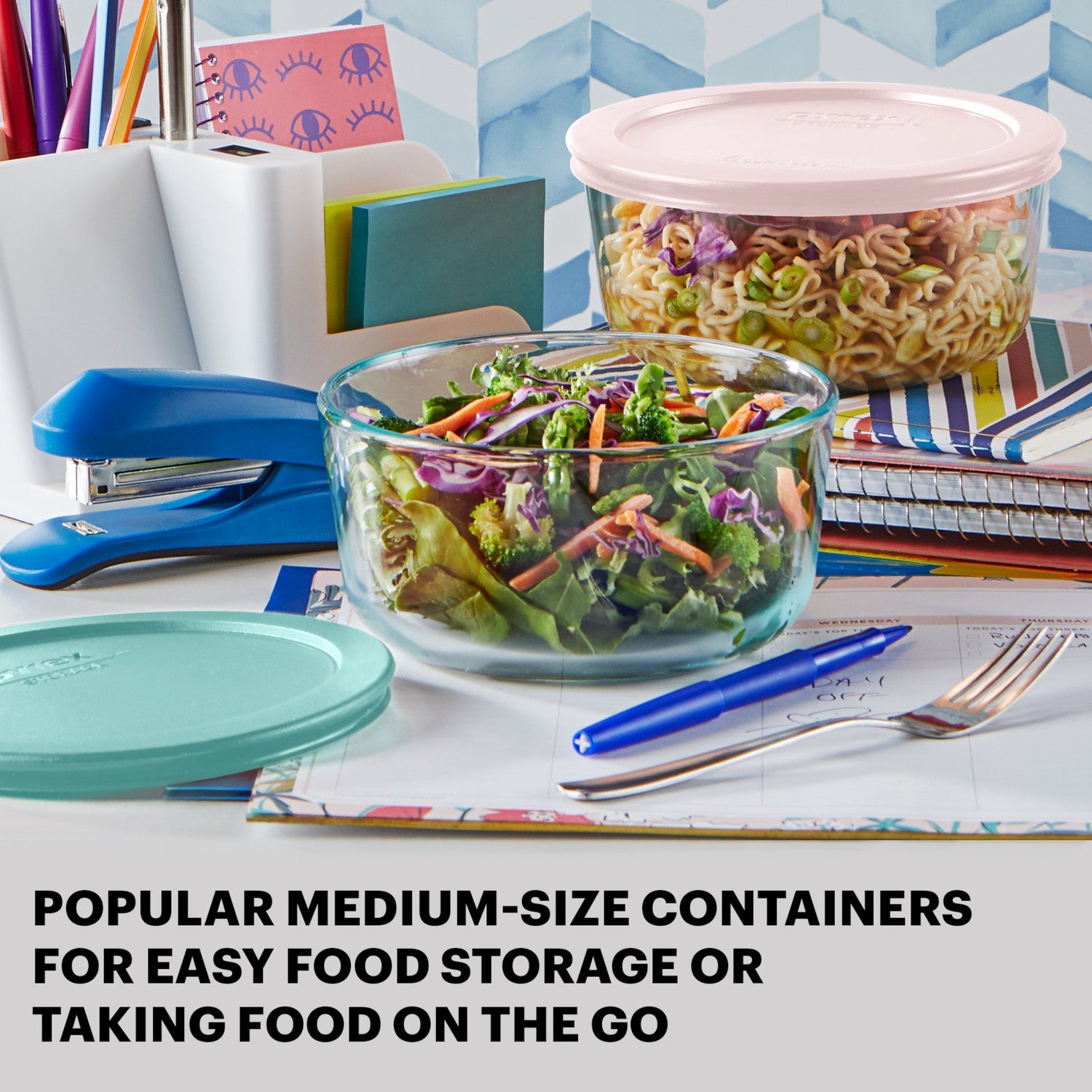 Two Simply Store 4-cup round storage dishes on table with food inside - text popular medium size containers for easy food storage or taking food on the go