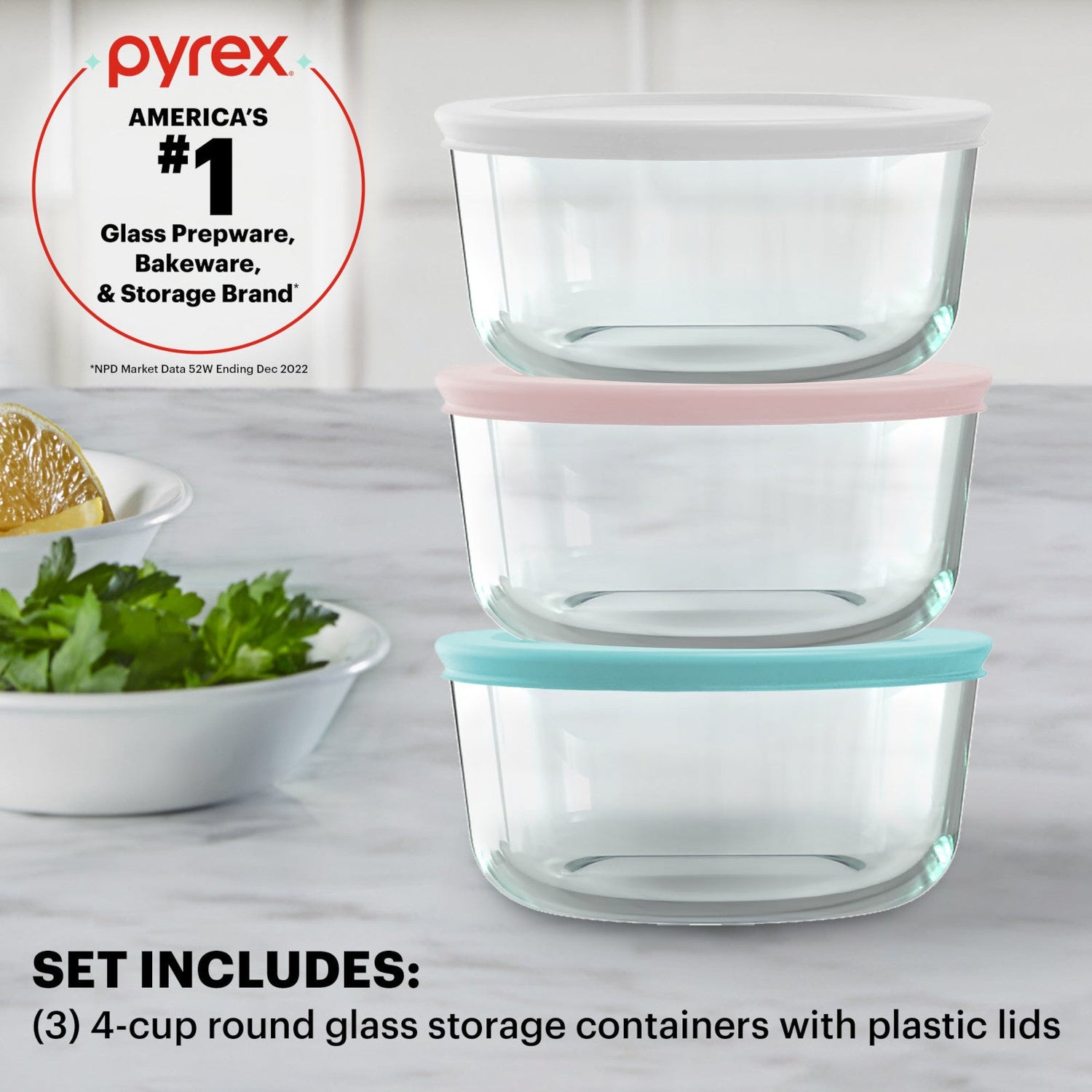 text: Pyrex America's #1 glass prepware, bakeware & storage brand.  6-piece set includes three 4-cup round glass storage with plastic lids