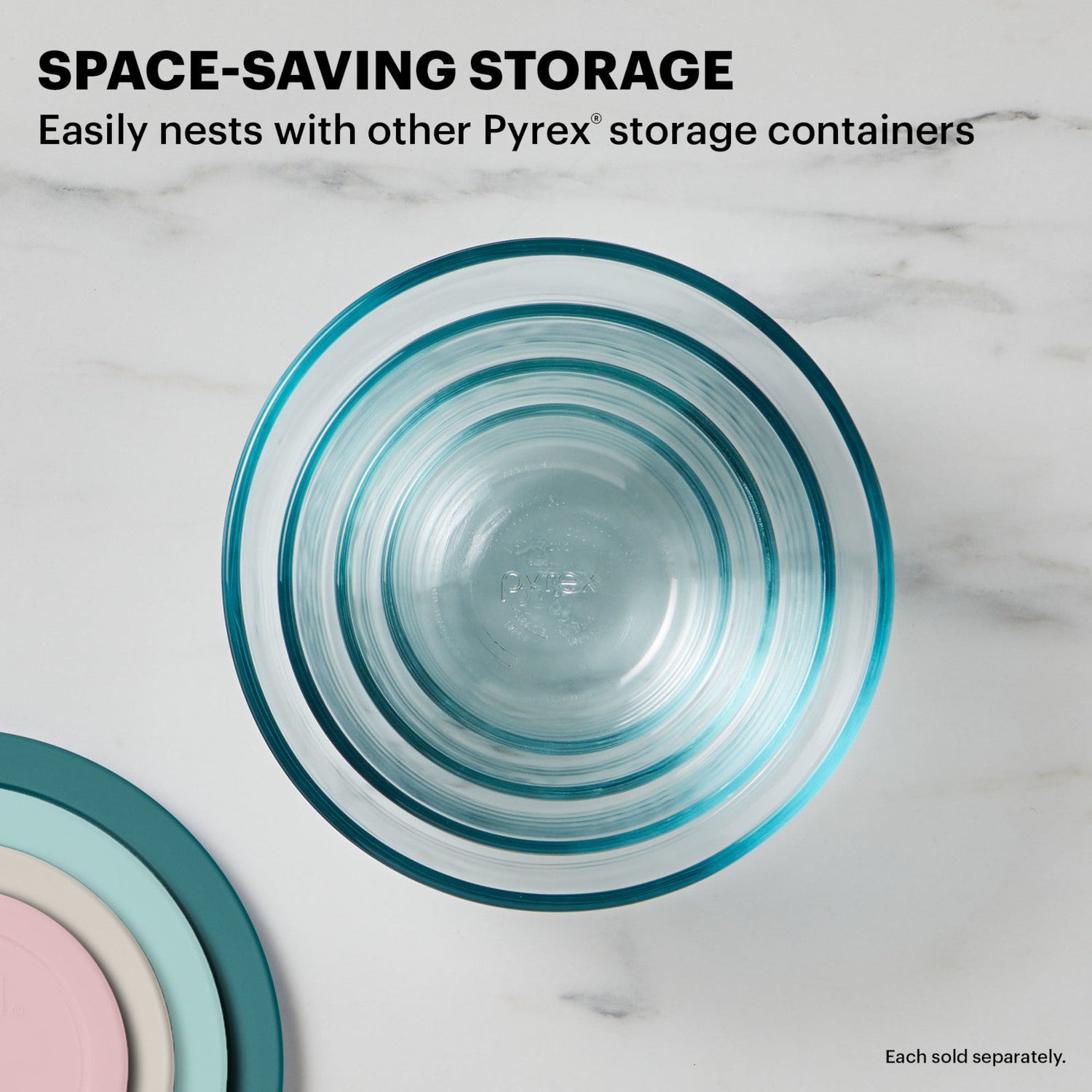 text space saving storage easily nests with other Pyrex storage containers