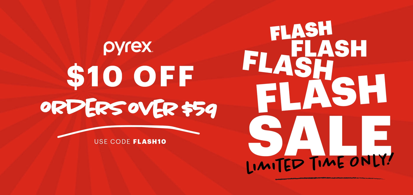 Pyrex promotional banner with flash sale text on a red background