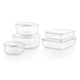 Pyrex 10‑piece glass food storage set on a white background.