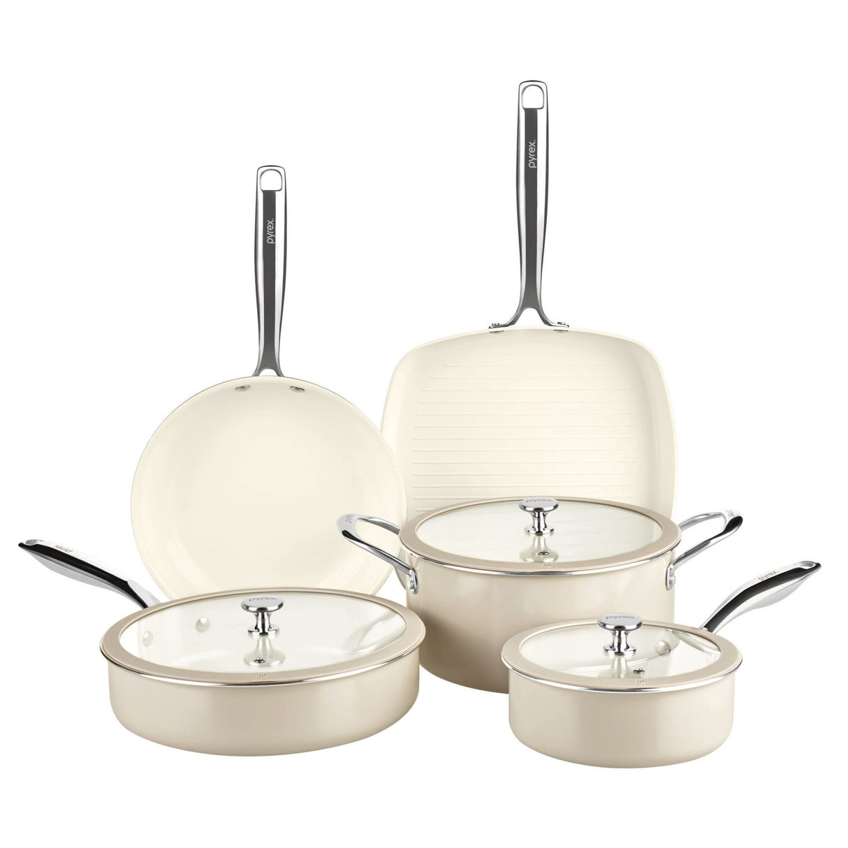 Set of ceramic cookware with glass lids on a white background