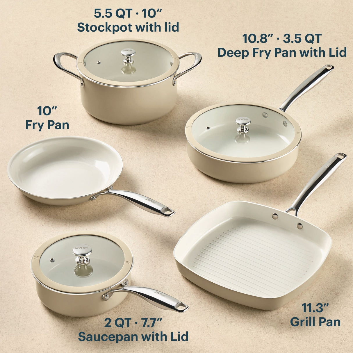 Set of cookware including a stockpot, deep fry pan, fry pan, saucepan, and grill pan on a beige background.