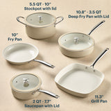 Set of cookware including a stockpot, deep fry pan, fry pan, saucepan, and grill pan on a beige background.