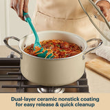 Person cooking spaghetti with meatballs in a pot on a stove, using a green spatula.