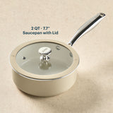 Beige saucepan with lid on a beige background