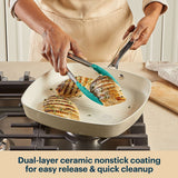 Person cooking chicken in a ceramic nonstick pan on a stove, with text highlighting the pan's features.