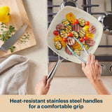 Person holding a frying pan with vegetables on a kitchen counter, text about heat-resistant handles.