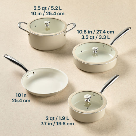 Set of ceramic cookware with measurements on a beige background