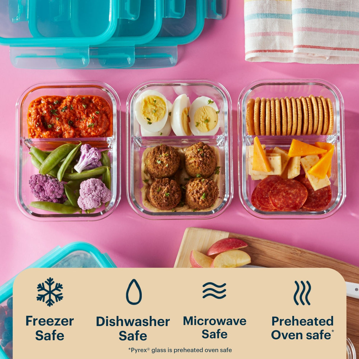 Glass meal prep containers with food on a pink background, featuring icons and text about safety.