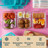 Glass meal prep containers with food on a pink background, featuring icons and text about safety.