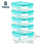 Stack of glass food containers with teal lids, labeled as a 5-pack on a white background.