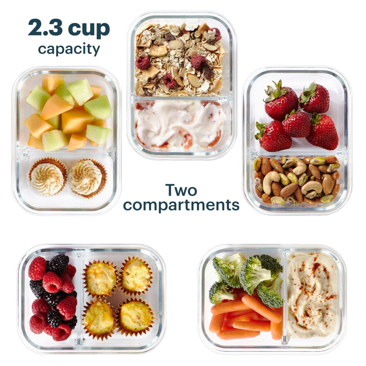 Glass meal prep containers with different food items and capacity details.