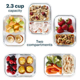 Glass meal prep containers with different food items and capacity details.