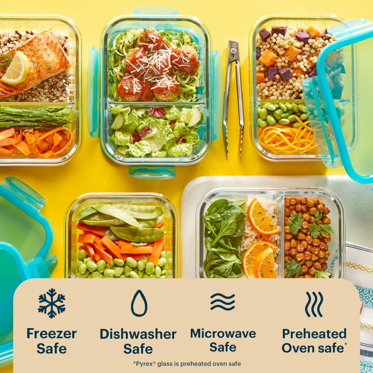 Assorted meal prep containers with food on a yellow background, featuring icons for safe storage methods.