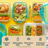 Assorted meal prep containers with food on a yellow background, featuring icons for safe storage methods.