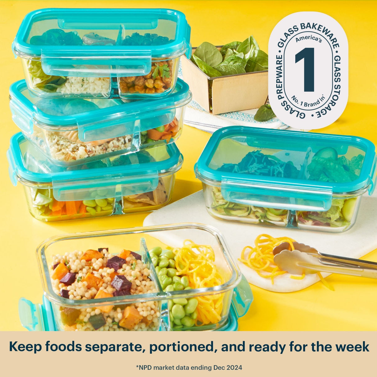 Glass food storage containers with portions of salad on a yellow background, featuring a brand logo.