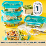 Glass food storage containers with portions of salad on a yellow background, featuring a brand logo.