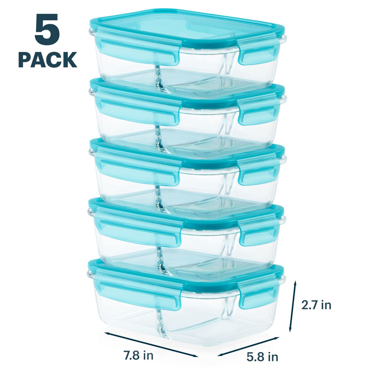 Five clear food storage containers with blue lids stacked on a white background