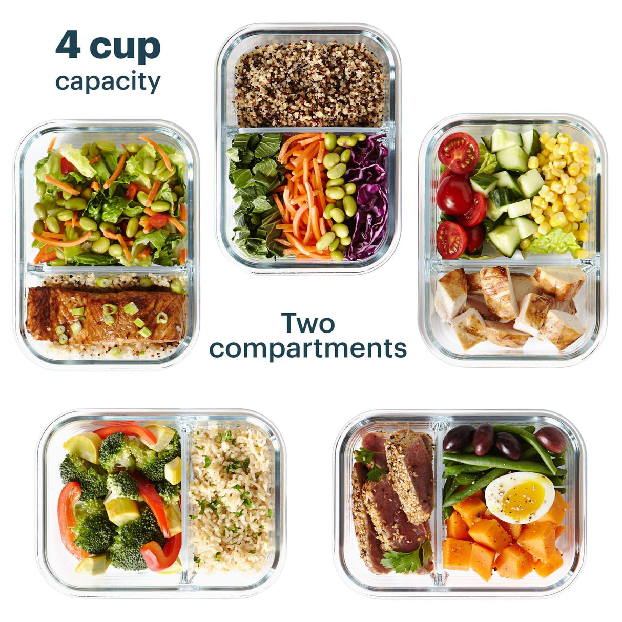 Meal prep containers with different food combinations on a white background