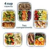 Meal prep containers with different food combinations on a white background