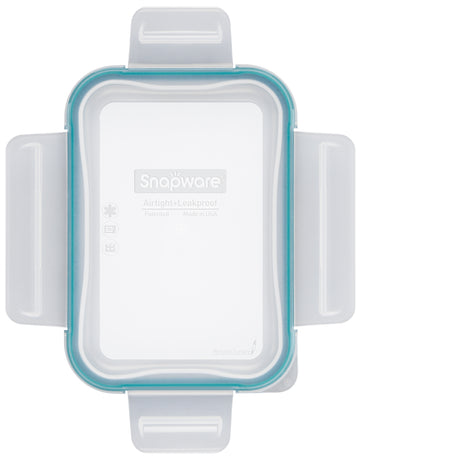 Snapware food storage container with blue lid on a white background