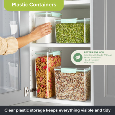 Snapware® clear plastic canister set with mint green lids displayed in a pantry cabinet containing dry food staples.