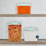 Snapware® 4-piece plastic canister set showing container capacities and dimensions, including one 10.5-cup container, one 21.9-cup container, and two 14.4-cup containers with mint green lids.