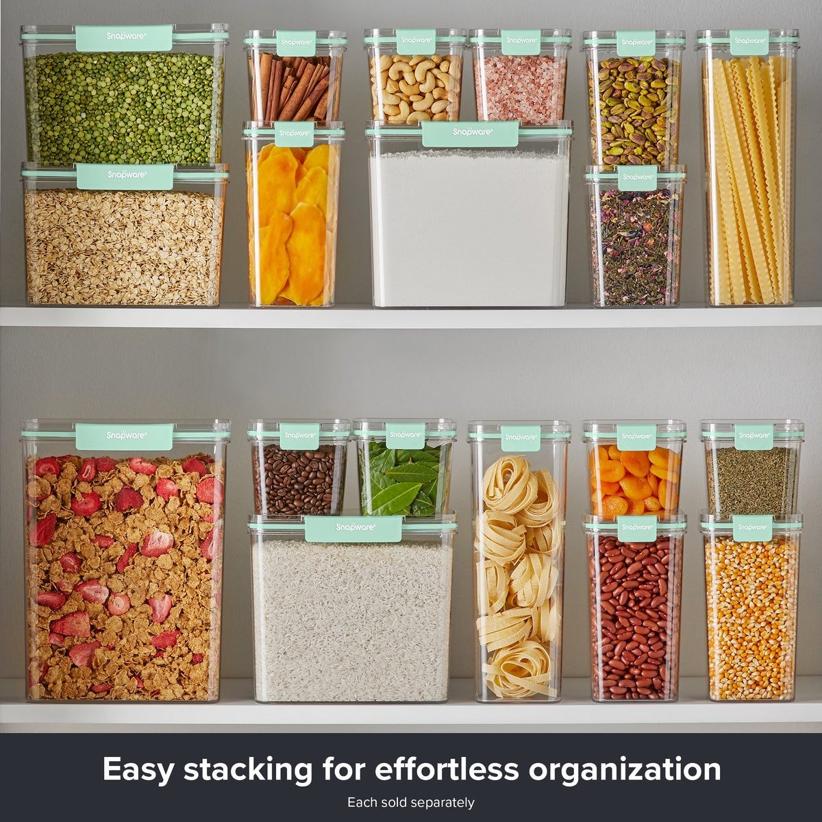 Assorted Snapware® clear plastic canisters with mint green lids arranged in a stackable pantry storage display filled with a variety of dry foods.