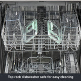 Snapware® clear plastic food storage containers and mint green lids arranged on a dishwasher top rack for convenient cleaning.