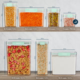 Snapware® 6-piece plastic canister set displaying container sizes and capacities, including one 21.9-cup container, one 14.4-cup container, one 10.5-cup container, one 9.6-cup container, one 4.6-cup container, and two 3-cup containers with mint green lids.