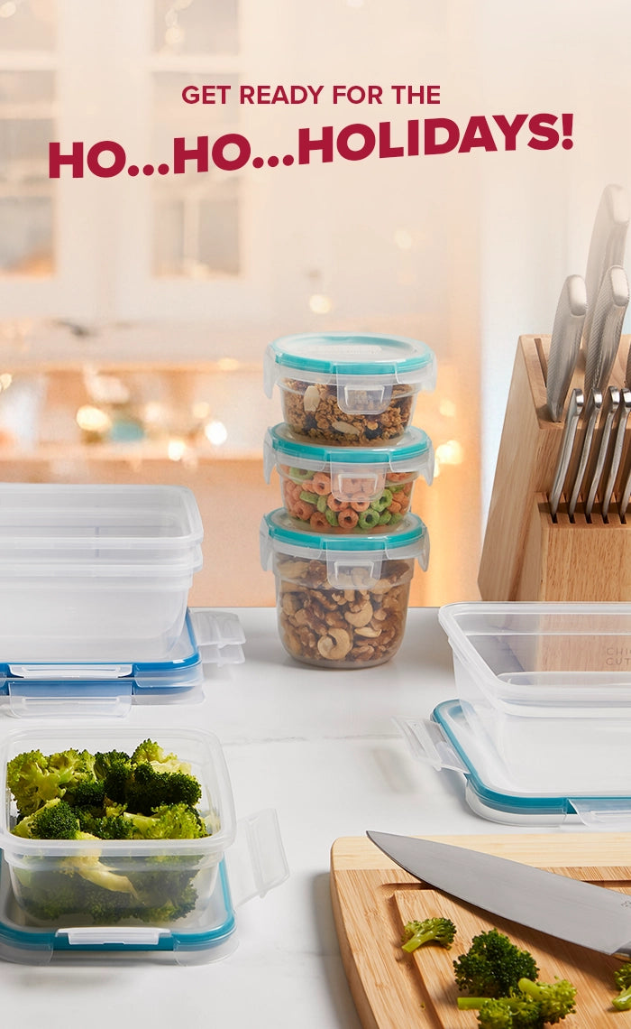 Prepared meals in containers on a kitchen counter with festive text overlay.