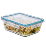 Rectangular food storage container with a blue lid on a white background