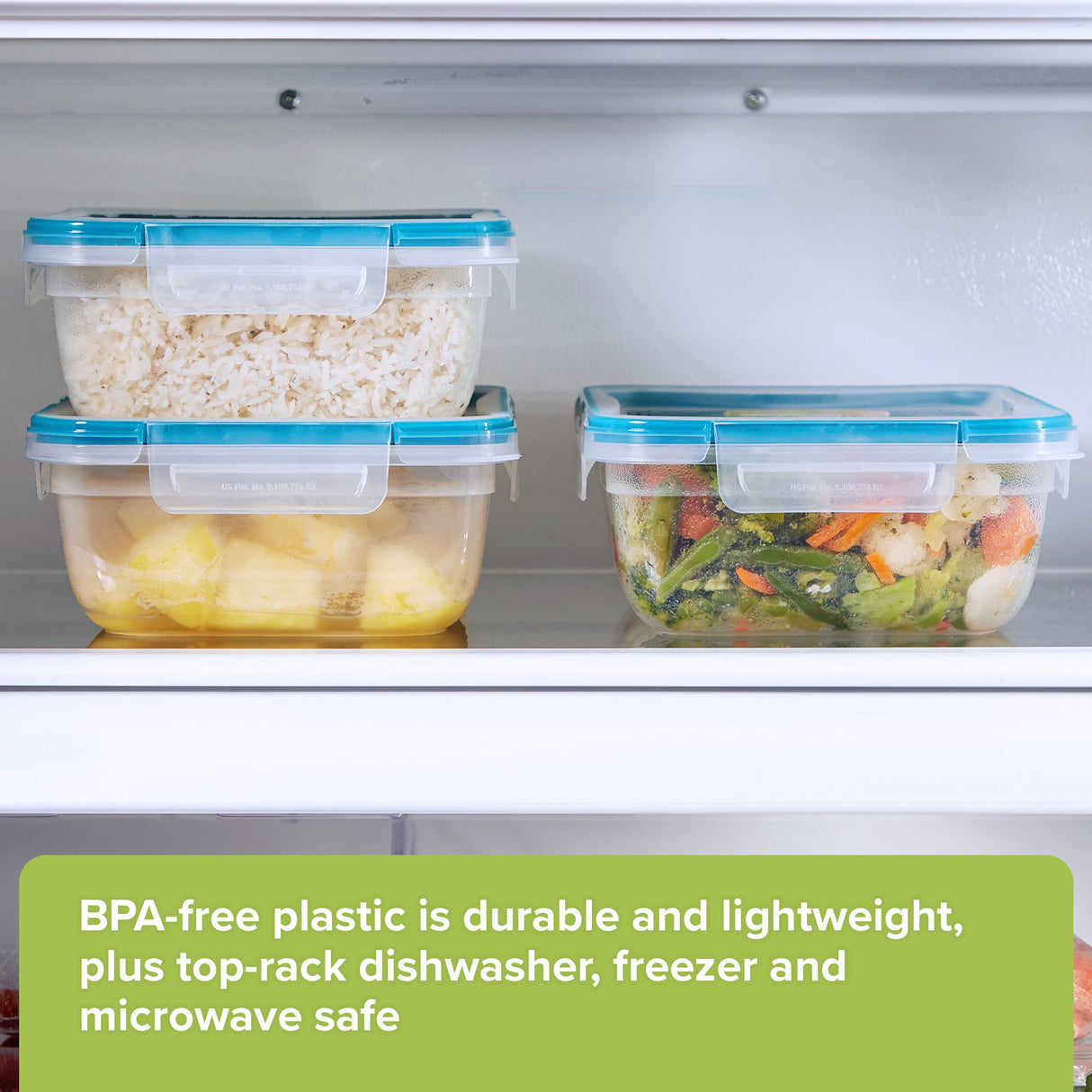 Three food storage containers with lids on a refrigerator shelf, containing different foods.