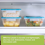 Three food storage containers with lids on a refrigerator shelf, containing different foods.