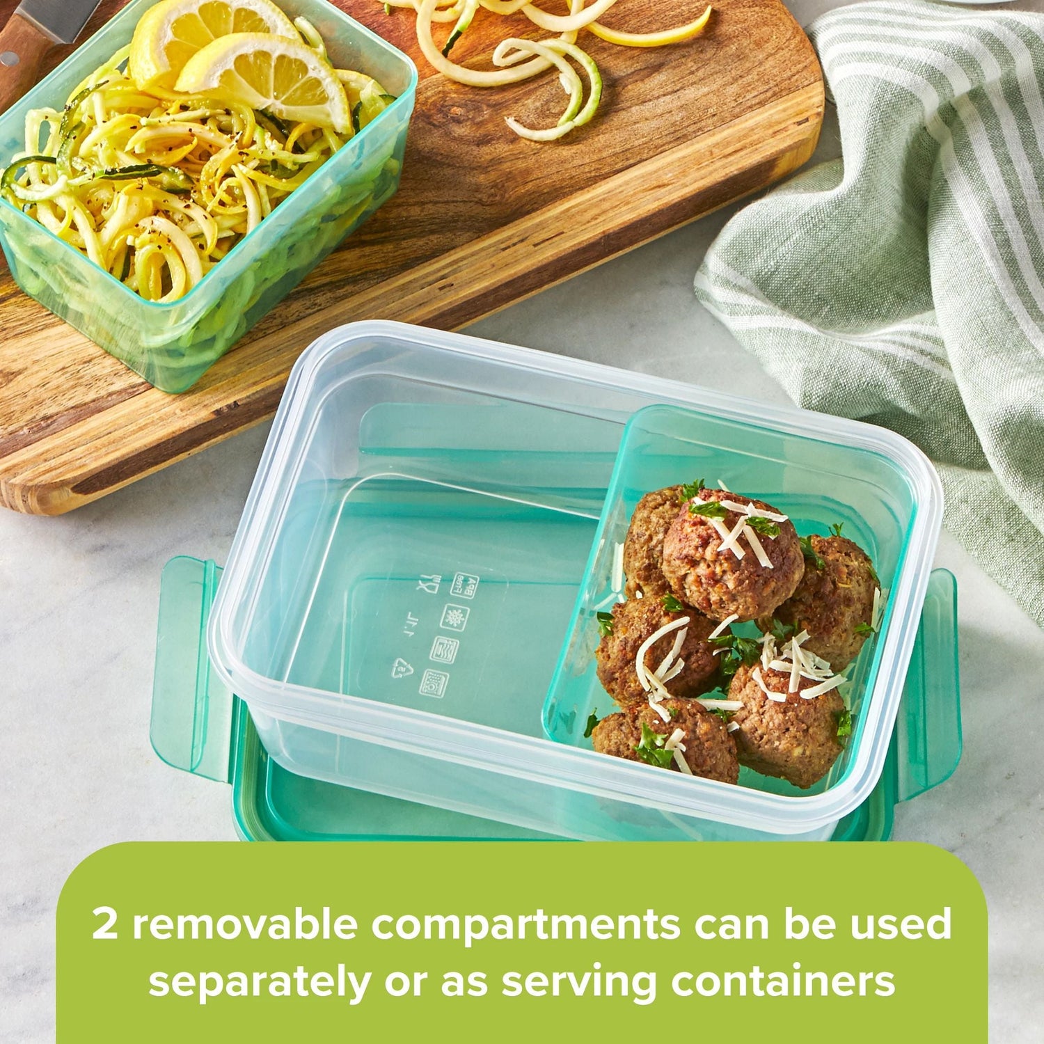  Meal Prep 2-section Divided: 4.6-cup Rectangle Storage Container with orange lid displayed with food on counter