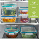 Set of food storage containers with labels inside a refrigerator, featuring microwave, freezer, and dishwasher safety icons.