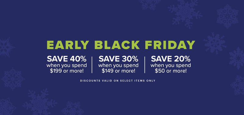 Black Friday sale advertisement with discounts on a dark blue background